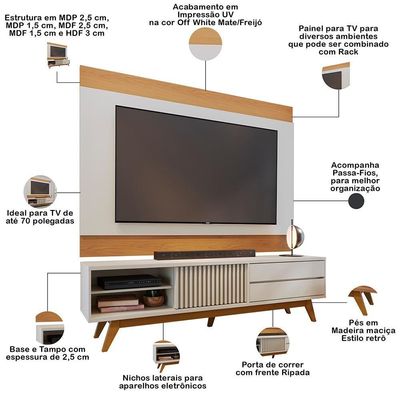 Rack Para Sala Venice Com Painel Para Tv 75 Pol Cairo C04 Off White Matte Freijó - Lyam Decor