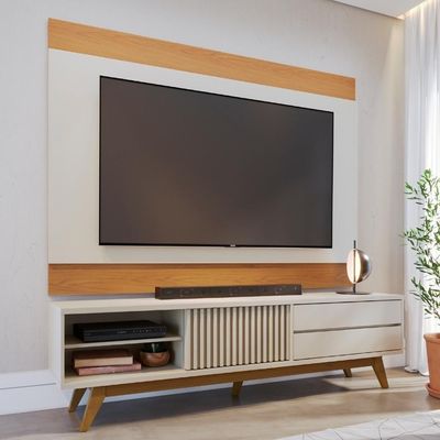 Rack Para Sala Venice Com Painel Para Tv 75 Pol Cairo C04 Off White Matte Freijó - Lyam Decor