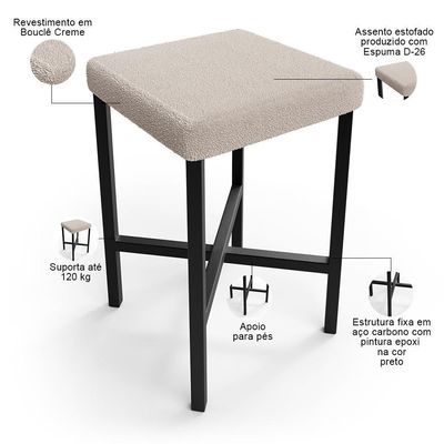 Banqueta Baixa Bar Cozinha Sala De Jantar Preto Stella L02 Bouclê Creme - Lyam Decor