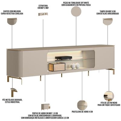 Rack Para Sala De Estar Tv 85 Pol Com Led Elysia L05 Off White Fosco - Lyam Decor