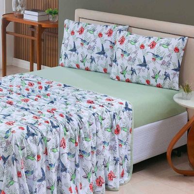 Jogo De Lençol Luar Casal 4 Peças Malha 100% Algodão Estampado Verde Birds