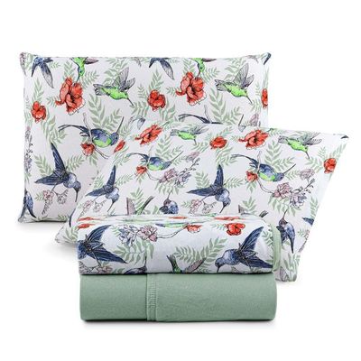 Jogo De Lençol Luar Casal 4 Peças Malha 100% Algodão Estampado Verde Birds