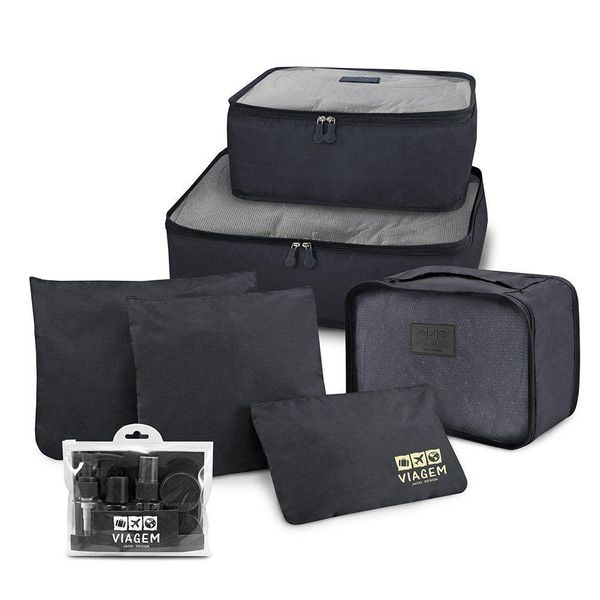 Kit Organizador De Malas + Frascos De Viagem 7 Peças Preto