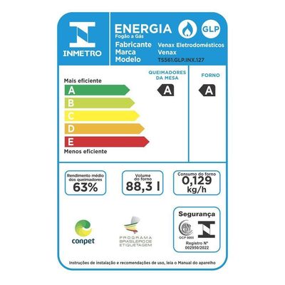 Fogão 5 Bocas Venax Temis A Gás Mesa De Inox 110V