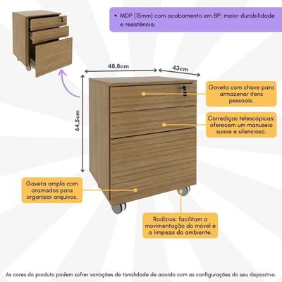 Gaveteiro Arquivo Com Chave E Rodízios Multimóveis Cr25045 Amêndoa