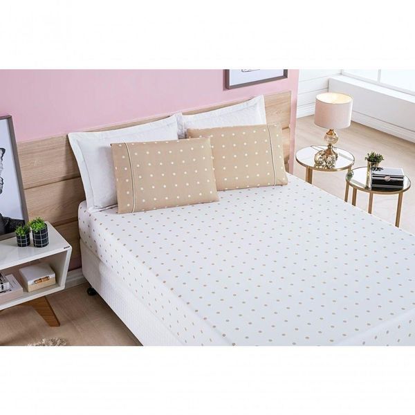 Jogo De Cama Lençol 200 Fios Petit Poá Queen 03 Peças - Caqui