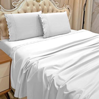 Jogo De Cama Lençol Realce Casal 4 Peças Percal 300 Fios Bordado Inglês Macio - Branco