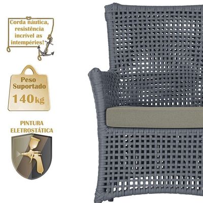 4 Poltronas E 1 Mesa Igapó Alumínio Preta Corda Náutica E8 Prata