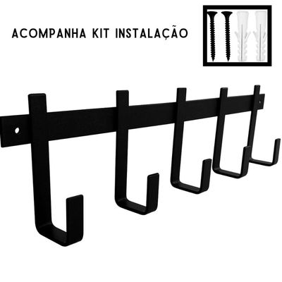 Kit 5 Cabideiros de Parede com 5 Ganchos em Aço Preto para P