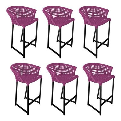 Kit 6 Banquetas Reis Em Corda Náutica E Base Em Alumínio Preta Para área Gourmet Externa Rosa Rosa