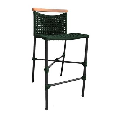 Kit 4 Banquetas Em Corda Náutica Base Em Alumínio Preta Com Detalhe Em Madeira Verde Musgo Verde