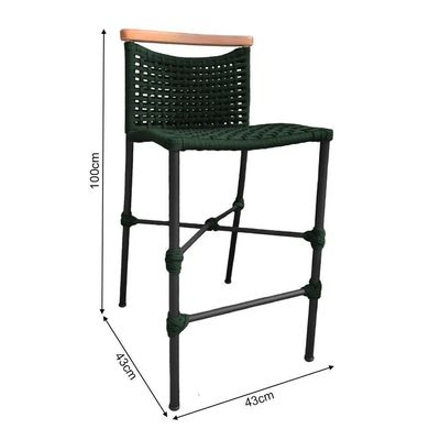 Kit 4 Banquetas Em Corda Náutica Base Em Alumínio Preta Com Detalhe Em Madeira Verde Musgo Verde