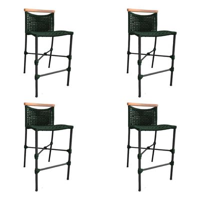 Kit 4 Banquetas Em Corda Náutica Base Em Alumínio Preta Com Detalhe Em Madeira Verde Musgo Verde