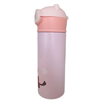 Garrafa Térmica De Ursinho Rosa Infantil Com Canudo De Silicone E Trava 420ml Em Aço Inoxidável