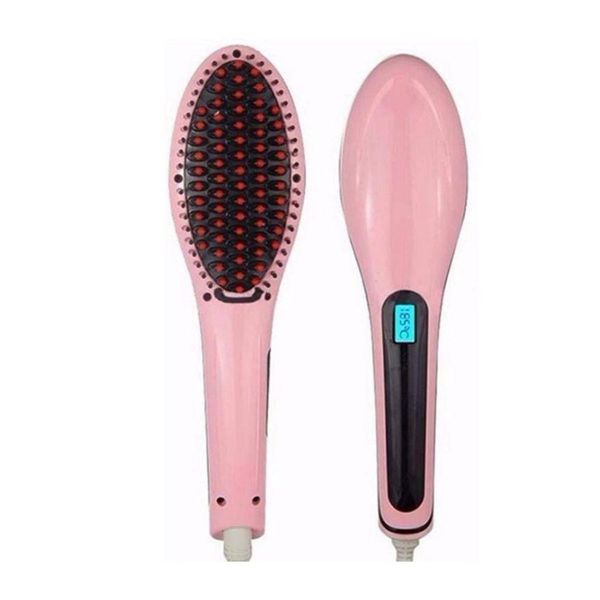 Escova Alisadora Mágica Efeito Chapinha Cabelos Hair Eletrica 230º Lcd Rosa Bivolt
