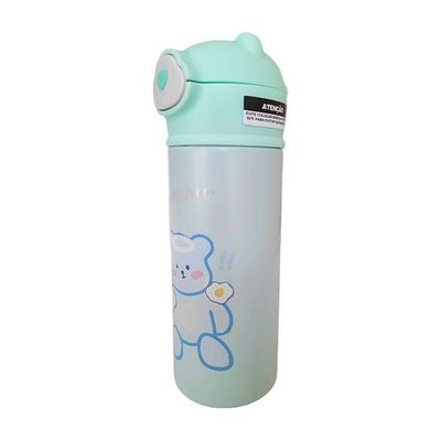 Garrafa Térmica Infantil Verde 420ml Com Tampa De Ursinho E Canudo Para Bebidas Quentes E Frias