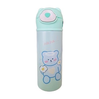Garrafa Térmica Infantil Verde 420ml Com Tampa De Ursinho E Canudo Para Bebidas Quentes E Frias