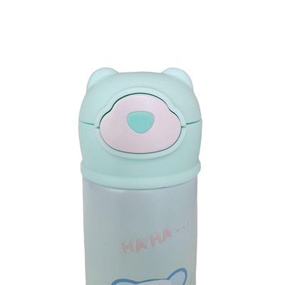 Garrafa Térmica Infantil Verde 420ml Com Tampa De Ursinho E Canudo Para Bebidas Quentes E Frias