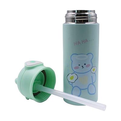 Garrafa Térmica Infantil Verde 420ml Com Tampa De Ursinho E Canudo Para Bebidas Quentes E Frias