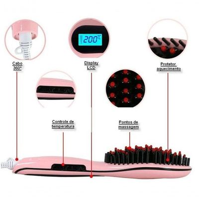 Escova Alisadora De Cabelo Magic Hair Elétrica Bivolt 230º Lcd Rosa Bivolt