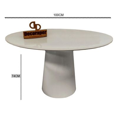 Mesa Jantar Cone Laqueado Tampo Redondo Laca Com Vidro 100cm Off White