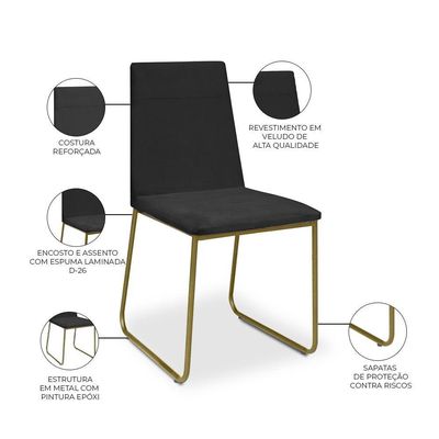 Kit 10 Cadeiras De Jantar Cozinha Industrial Lexa Veludo Élpis Móveis Preto Dourada