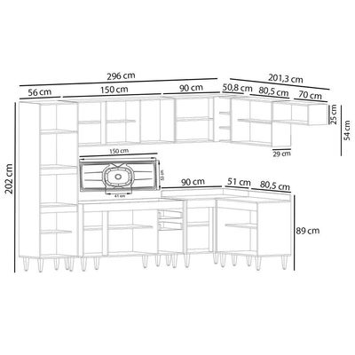 Armário De Cozinha Modulada De Canto 8 Peças Cp09 Balcão Com Pia Inox Branco-preto - Lumil