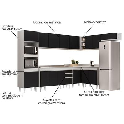 Armário De Cozinha Modulada De Canto 8 Peças Cp09 Balcão Com Pia Inox Branco-preto - Lumil