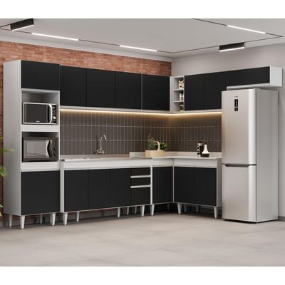 Armário De Cozinha Modulada De Canto 8 Peças Cp09 Balcão Com Pia Inox Branco-preto - Lumil