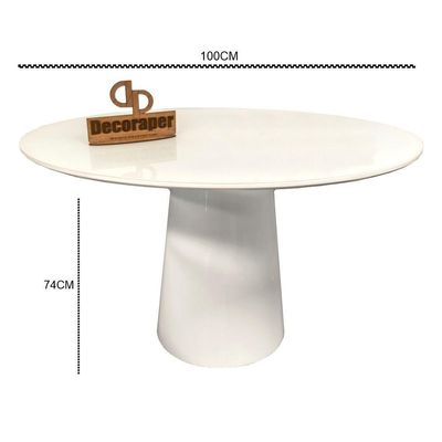 Mesa Jantar Cone Laqueado Tampo Redondo Laca Com Vidro 100cm Branco