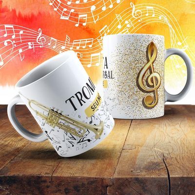 Caneca De Porcelana 325ml Com Estampa De Instrumentos Musicais Trompete