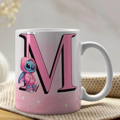 Caneca De Porcelana Stitch Letras A-z 325ml Rosa M
