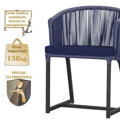 4 Cadeiras De Jantar Noronha Preta Corda Náutica E10 Trama Azul