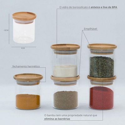 Pote De Vidro Com Tampa De Bambu Oikos 400ml Hermético Redondo Empilhável