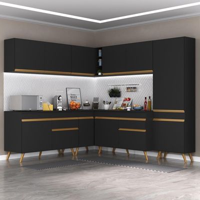 Cozinha Completa De Canto Mp2067 Com Armário E Balcão Preta