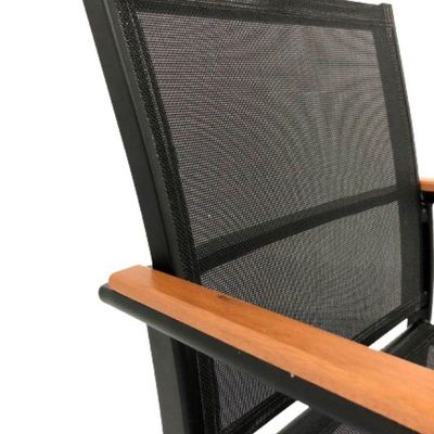 Jogo De Mesa Jantar 1,50m Zurick Madeira Pétalas 6 Cadeiras Amélia Tela Sling E Alumínio Preto