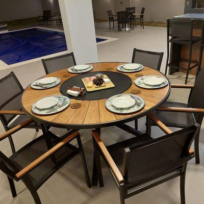 Jogo De Mesa Jantar 1,50m Zurick Madeira Pétalas 6 Cadeiras Amélia Tela Sling E Alumínio Preto