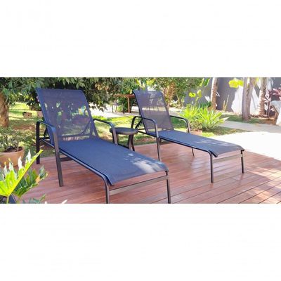 Kit 2 Cadeira Espreguiçadeira De Piscina Alumínio E Tela Sling Preto + Mesinha Preto