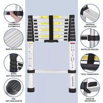Escada Telescopica Extensiva Aço Inoxidável 13 Degraus 3,8m Cinza