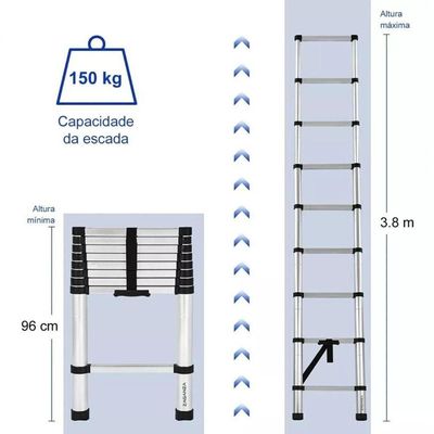 Escada Telescopica Extensiva Aço Inoxidável 13 Degraus 3,8m Cinza