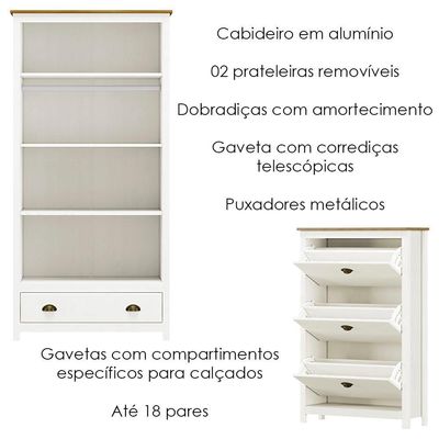 Armario 2 Pt Sapateira 3 Gv Madeira Maciça Branco Freijo Milani Store