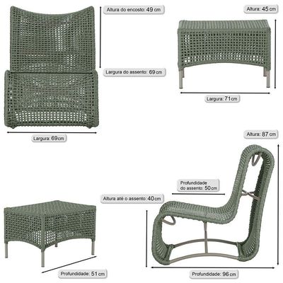3 Poltronas E Mesa Texas Alumínio Fendi Corda Náutica Trama Verde