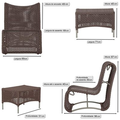 3 Poltronas E Mesa Texas Alumínio Fendi Corda Náutica Trama Marrom