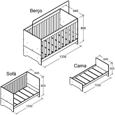 Berço Mini Cama 3 Em 1 Multifuncional 133x64 Cm Bbi51 Branco Dtall
