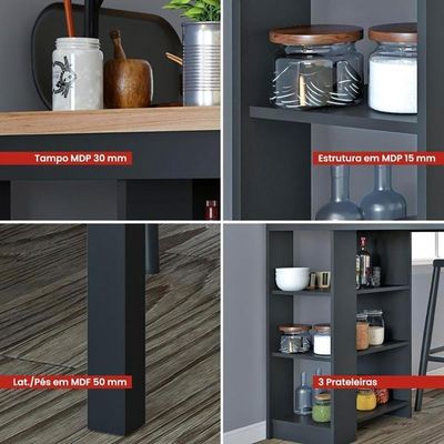 Bancada Ilha Cozinha 3 Prateleiras 90x60 Cm Cd1022 Dtall Preto Preto