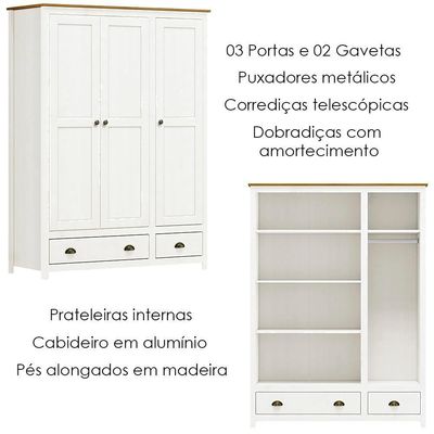Guarda Roupa 3p 2g Madeira Maciça 136 Cm 9104 Branco Freijo Milani Store