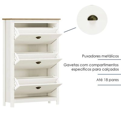 Sapateira 3 Gavetas Madeira Maciça 80 Cm 9175 Branco Freijo Milani Store