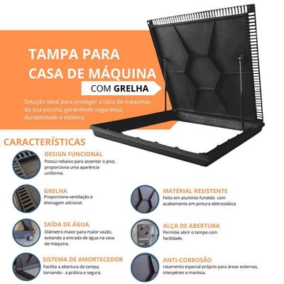 Tampão 80x80 Rebaixada Com Grelha Piscinas Tampa Casa Máquinas Piscina Cinza-escuro