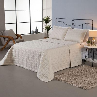 Kit Cobre Leito Colcha Dual King 3 Peças Matelado Dupla Face Liso Areia 100% Poliéster