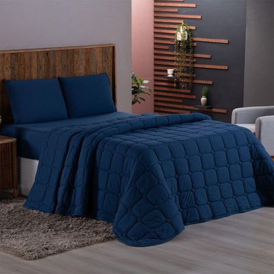 Kit Cobre Leito Colcha Minimal King 3 Peças Malha 100% Algodão Marinho